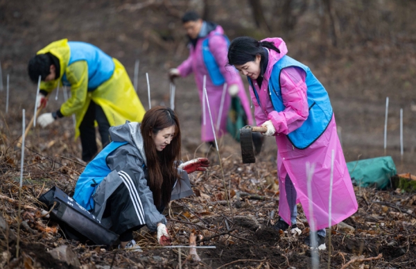 쿠팡풀필먼트서비스 임직원들이 지난 28일 경기도 연천군 전곡읍 늘목리 산에서 식목일을 맞아 나무를 심고 있다.[사진=쿠팡]